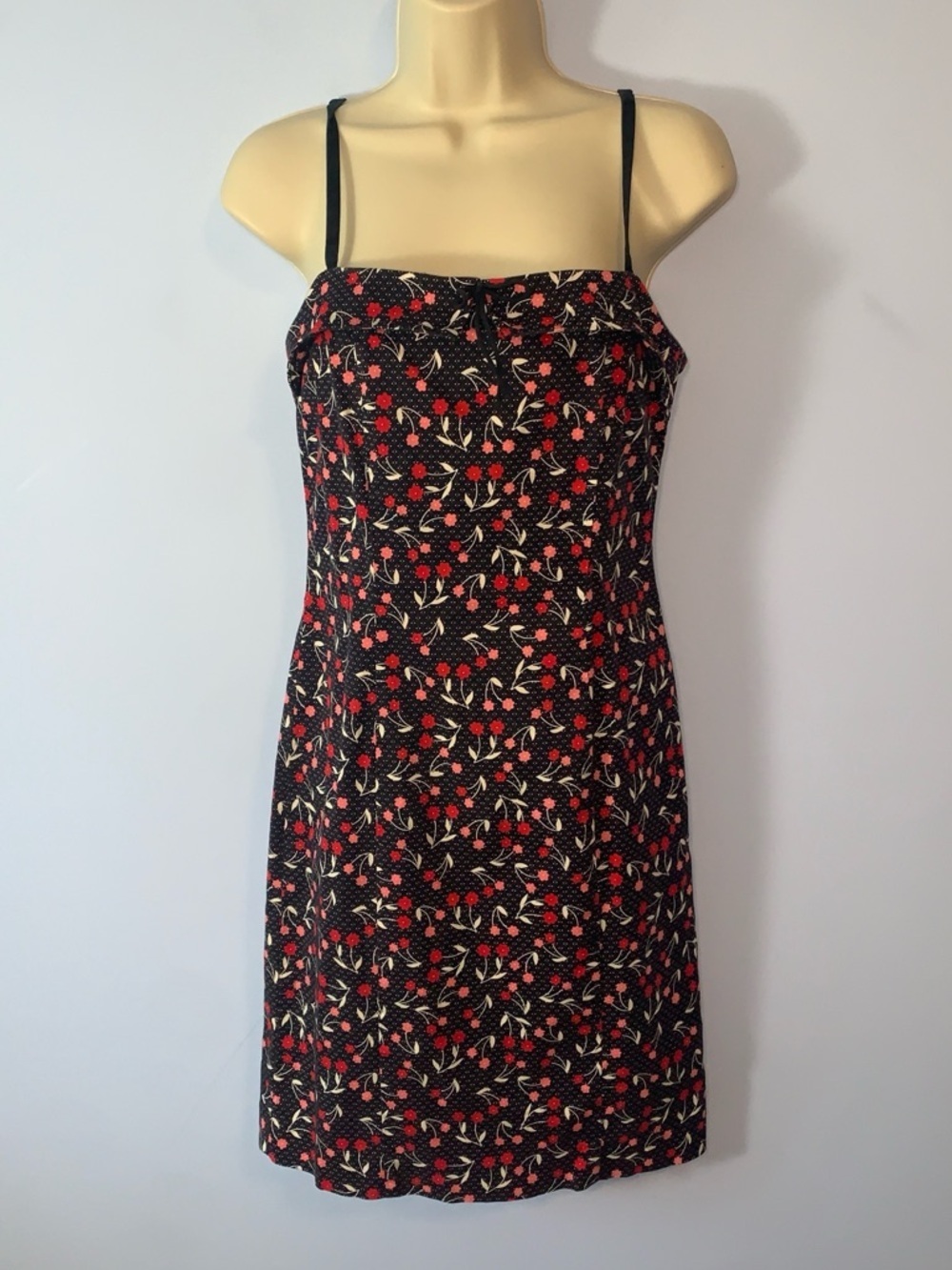 LOFT Y2K Black Dress Red pink ditzy 90’s floral and polka dot Print fitted 2